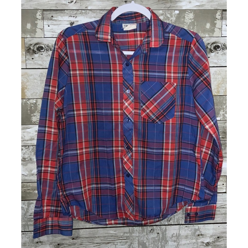 Vintage Square One Girls Red Blue‎ Plaid Button Front Long Sleeve Top Size 14